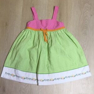 Youngland Pink & Green Seersucker Plaid Embroidered Floral Dress size 4T